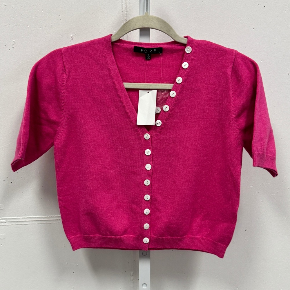NWT FORE Pink Short Sleeve Asymmetrical Faux‎ Button Front Sweater T12708 Small